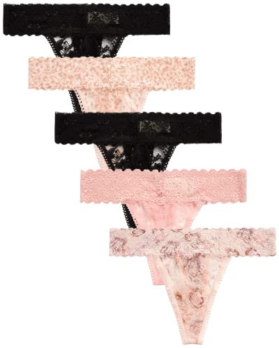 Jessica Simpson Women's Underwear - 5 Pack Stretch Microfiber Lace Thong Panties (S-XL) - Large - Black/Black/Animal Blush/Rose/Floral Rose