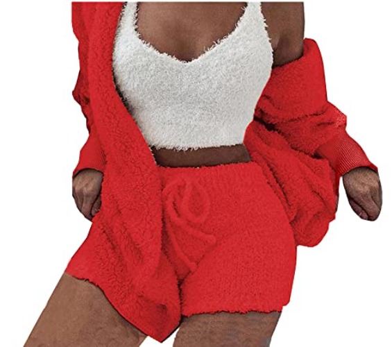 Vakkest Women's Sexy 3 Piece Pajamas Outfit Fuzzy Fleece Warm Sherpa Coat Jacket Outwear Spaghetti Strap Crop Top Shorts Set - Aa Red - XX-Large