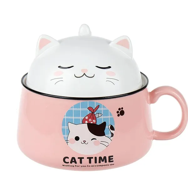 Urijk Bol de Nouilles Ramen en Céramique 1020 ML avec Couvercle avec Poignée Chat Mignon Bol De Nouilles Bol a Soupe Dortoir Bureau Bol Dessert Salade Fruits(Rose,Bol 1020ml)