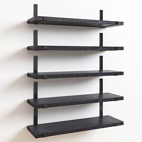 Fixwal Floating Shelves, Width 4.7 Inches Wall Shelves Set of 5, Rustic Wood Wall Storage Shelves for Bedroom, Living Room, Kitchen, Bathroom, Office and Plants (Black) - Black