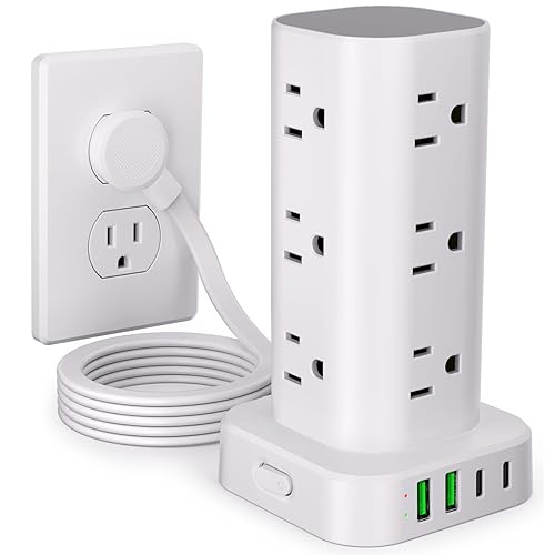 Power Strip Tower with Multiple Outlets, Flat Plug Surge Protector Tower Extension Cord with 12 AC Outlets 4 USB Ports (2 USB C), 6FT Cord Power Tower Surge Protector for Home Office Dorm Room, White - 6FT - White