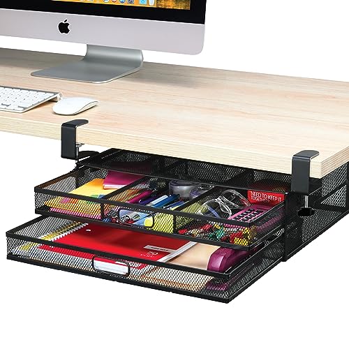 Under Desk Drawer Organizer Clamp-On, Mesh Metal Desk Drawer Attachment, 2 Drawer Slide Out, On Desk Or Under Desk Organizer For Office Supplies & Home Essentials (2 Drawers) - 2 Drawers