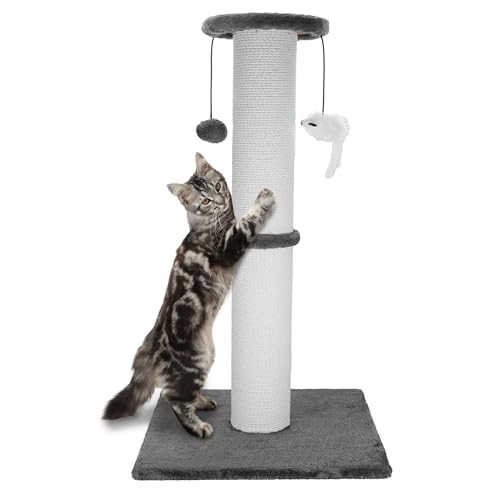 Ahomdoo 34" Tall Cat Scratching Post Heavy Duty and Thicker Cat Scratching Post Sisal Rope with Hanging Ball and Mice Vertical Scratcher for Indoor Cats and Adult(Grey)