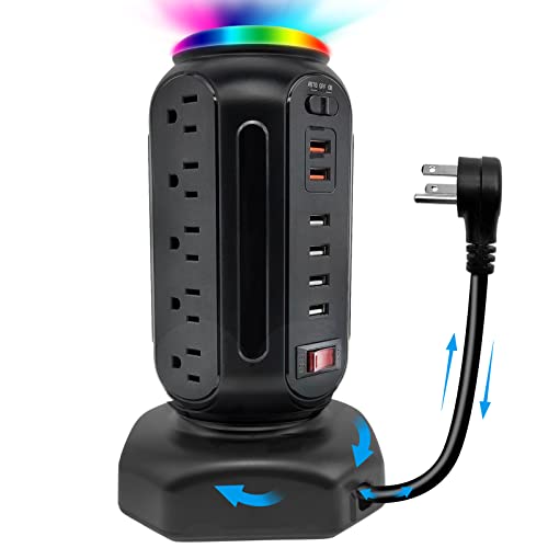 DYSSIPATIVE Power Strip Tower with Colorful Nightlight, 15 AC Outlets and 6 Fasting USB Ports, Retractable Extension Cord with Multiple Outlets, 1500 J Surge Protector with Right Flat Plug (Black) - Black -USB-A