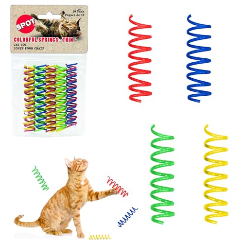 SPOT Thin Colorful Springs Cat Toy - Bouncy Toys for Medium Indoor Cat Breeds to Bite, Swat, Chase - Keeps Cats & Kittens Entertained for Hours - Includes Ten 3” Wide Spiral Springs, Assorted Colors