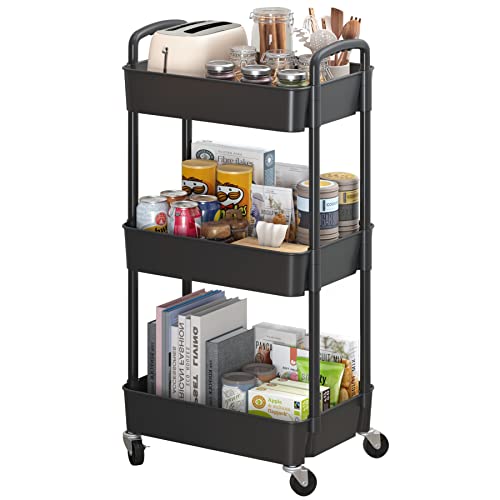 Sywhitta 3-Tier Plastic Rolling Utility Cart with Handle, Multi-Functional Storage Trolley for Office, Living Room, Kitchen, Movable Storage Organizer with Wheels, Black - 3-tier - Black