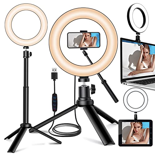 JIOZER,Selfie Ring Light for Zoom Meeting, Dimmable Desktop LED Circle Light with Tripod Stand, 6'' Lighting Kit Gifts for Live Streaming/Laptop Video Conference/Makeup/YouTube/Vlog/Video Recording - 6’‘