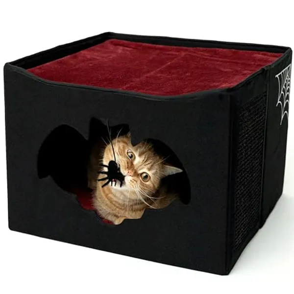 Gothic Cat Bed for Indoor Cats or Pets, Foldable Cat Halloween House 17x17x12.8, Includes Bat-Shaped Entry, Spider Toy, Scratch Pad, and Soft Cushion for Goth Cat, Black and Red Gothic Cat House