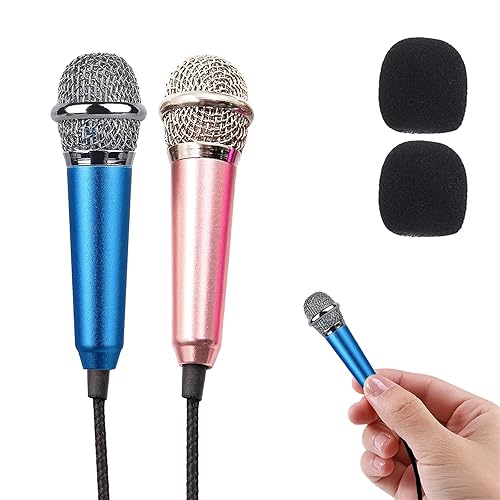 2Pcs Mini Microphone, Mini Karaoke Microphone with 3.5 mm Universal Cable, Voice Recording Mic Equipment, Portable Singing Microphone Suitable for Android Phones, iPhones, Laptops, and PC - Blue+rose Gold