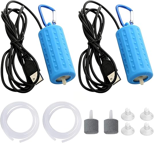 Aquarium Air Pump Fish Tank Bubbler 0.2W Quiet Mini Whisper Fish Tank Aerator, Quiet Oxygen Pump with Air Stone Airline Tubing Sucker and Connector Accessories - Blue