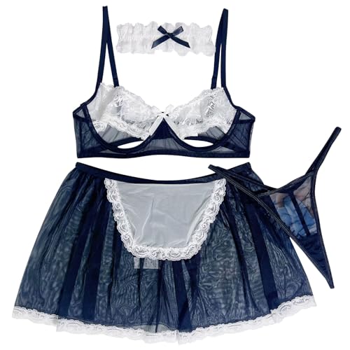 Cosplay Maid Outfit Women Sexy Lingerie See Through Lace Nightie Suit Mesh Temptation Uniform Babydoll Boudoir Outfits - 1_Black - Large