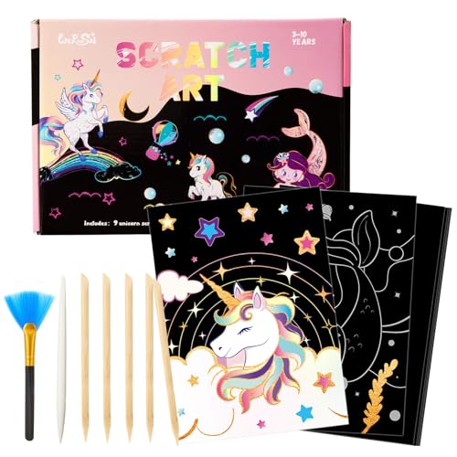 Scratch Art Set - 30 Pcs Rainbow Magic Scratch Paper Art for Girls Unicorn Mermaid Theme Art Supplies Colorful Drawing Art Craft with Wooden Stylus Party Girls Birthday Gift - Pink Unicorn&mermaid