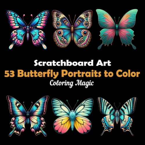53 Butterfly Portraits to Color: An adult coloring book featuring elegant black and white scratch art sketches with butterfly names on every page