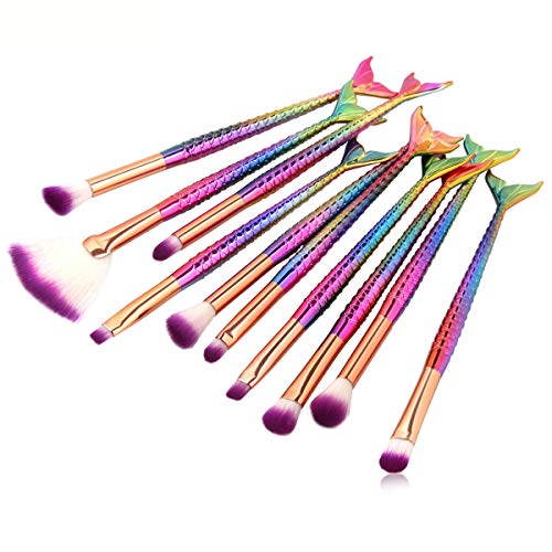 New 10 Pcs Mermaid Makeup Brush Set Professional Eye Makeup Brushes For Eyeshadow Concealer Eyeliner Brow Blending Brush Tool - Multi-colored