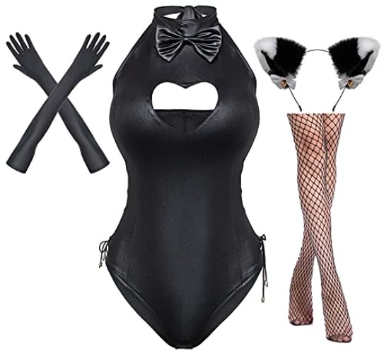 Womens Bunny Girl Suit Button Crotch Romper Onesie Bodysuit Cosplay Costume Furry Cat Ear Gloves Socks Set - Large - Black