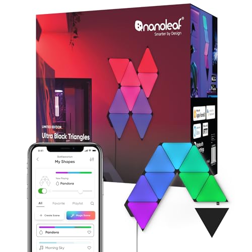 Nanoleaf Shapes WiFi and Thread Smart RGBW 16M+ Color LED Dimmable Gaming and Home Decor Wall Lights Smarter Kits (Black Triangles Smarter Kit (9 Pack) - Black Triangles Smarter Kit (9 Pack)