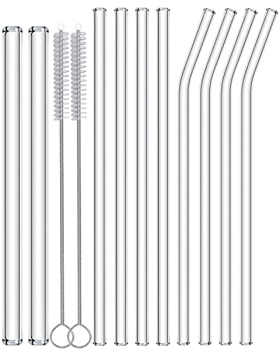 Nafender® 12-Pack Glass Straws Reusable Drinking Straw Including 4 Straight and 4 Bent Straws & 2 Extra Wide Smoothie straw with 2 Cleaning Brushes