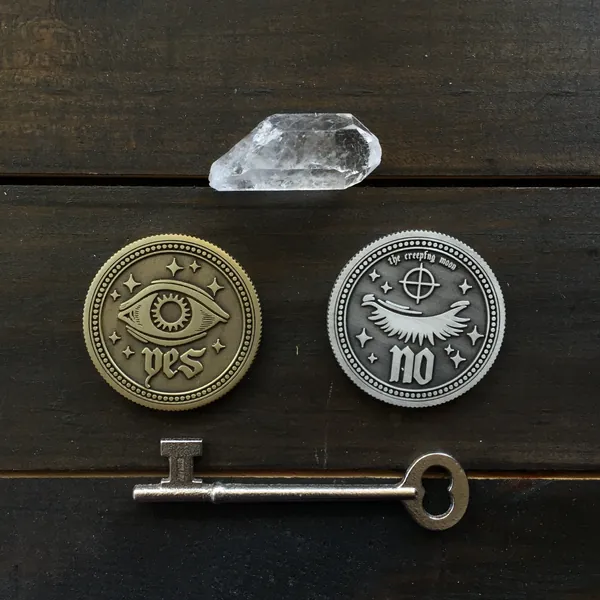 Divination coin, yes no coin, fantasy coin, occult, DnD coin