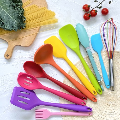 QIYU Kitchen Silicone Utensil Set,10Pcs Silicone Cooking Utensils Set,Food Grade Safety Silicone Utensils,480℉Heat Resistant Kitchen Tools,Seamless Easy to Clean, Non Stick Utensils(Multicolor)