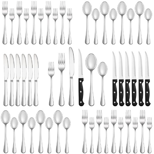 24 Pcs Silverware Set with Steak Knives Service for 4,Stainless Steel Flatware Set,Mirror Polished Cutlery Utensil Set,Home Kitchen Eating Tableware Set,Include Fork Knife Spoon Set,Dishwasher Safe - Silver 24 Piece