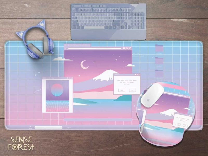 Kawaii Pastel retro vaporwave Japanese Mount Fuji moon night desk mat, Cute anime Lo Fi pink grid large gaming mouse pad, gamer girl gift
