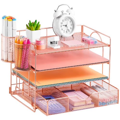 Lavatino Rose Gold Desk Organizers with Drawer, 4-Trays Desktop File Organizer with Pen Holder, Paper Organizers and Storage for Desk, Mesh Desk Orga - Rose Gold