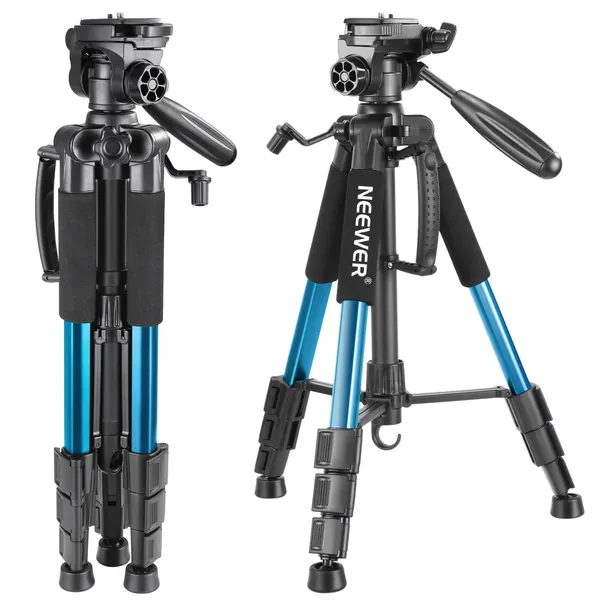 Neewer Portable 56-inch / 142-cm Aluminium Camera Tripod with 3-Way Swivel Head, Bag for DSLR Camera, DV Video Camcorder, Holds up to 4kg (Blue) - 