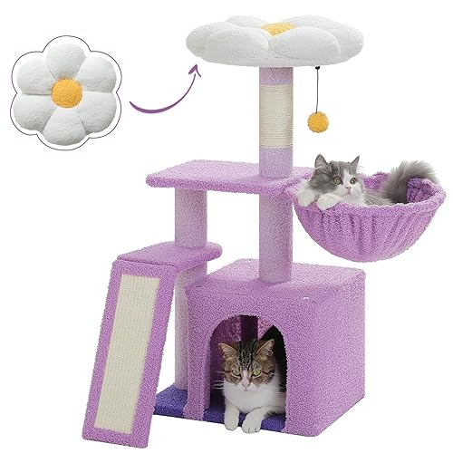 PETEPELA Flower Cat Tree for Indoor Cats, 32'' Small Cat Tower Cat Condo with Sisal Scratching Ramp, Cozy Hammock and Removable Flower Bed Perch for Kittens, Purple - Scratching Tree - Purple