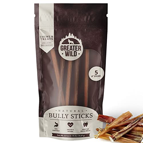 GREATER WILD 6 Inch Bully Sticks Dog Treats, 5 Pack, Standard Thickness - Single Ingredient 100% All Natural Beef, Long Lasting Dog Chews - 1 Count (Pack of 5) - 5