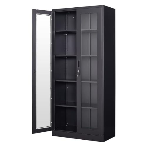PEUKC Display Cabinet with Glass Doors, Curio Cabinets with 4 Adjustable Shelves, Locking Glass Cabinet Display Case for Home, Office, Clinic, Pantry, Assemble Required, Black - Black