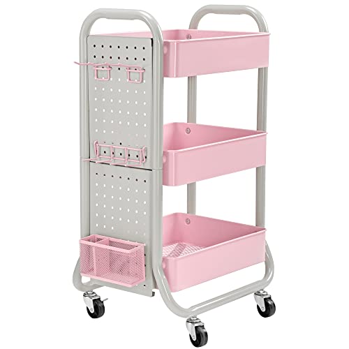 EUREKA ERGONOMIC 3 Tier Rolling Utility Cart, Metal Craft Art Organization Cart Storage Trolley w Handle, Locking Wheels, Pegboard & Storage Basket Hook for Office Kitchen Bathroom Laundry Room, Pink - Pink & Grey