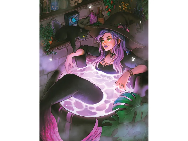 Cauldron of Mer - Mermaid Witch Purple Aesthetic Art Print