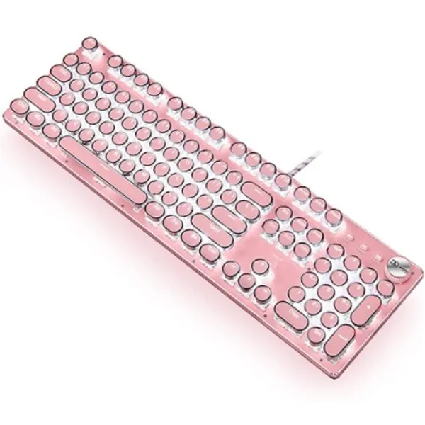 Gaming Keyboard,Retro Punk Typewriter-Style, Blue Switches, White Backlight, USB Wired, for PC Laptop Desktop Computer, for Game and Office, Stylish Pink Mechanical Keyboard (Round Keycaps)