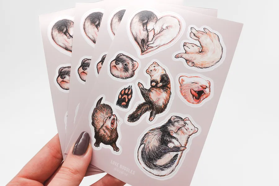 Ferret Weasel Adorable Pet Vinyl Sticker Sheet - Cute Kawaii Animal Waterproof Stickers