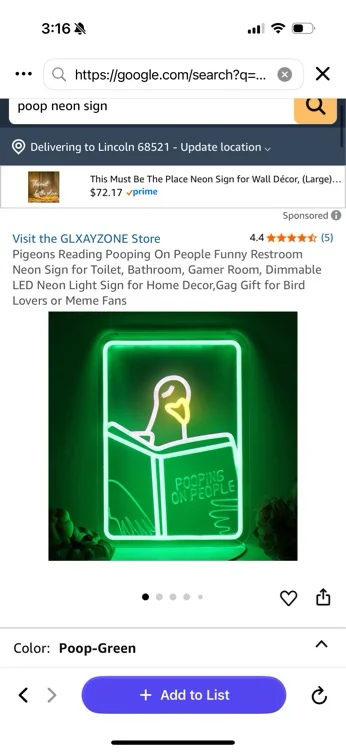 Pigeons Reading Pooping On People Funny Restroom Neon Sign for Toilet, Bathroom, Gamer Room, Dimmable LED Neon Light Sign for Home Decor,Gag Gift for Bird Lovers or Meme Fans - Poop-Green
