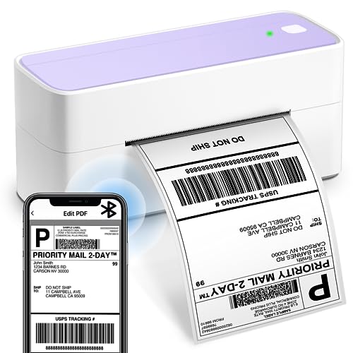 Bluetooth Shipping Label Printer 4X6-241BT Wireless Thermal Label Printer for Shipping Packages - Desktop Bluetooth Label Printer for Small Business, Compatible with Chromeboo, iPhone, Ups, Shopify - White Purple