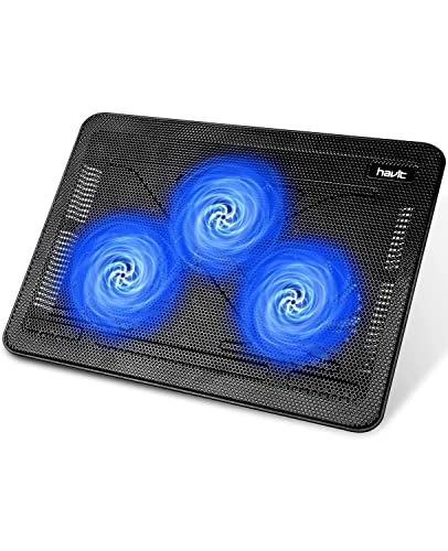 havit Cooling Pad 12"-17" Laptop Cooler with 3 Ultra Quiet Fans, Ergonomic Comfort Notebook Cooler with 2 USB Ports, Light-weight Gaming Laptop Cooler Stand - Black+Blue