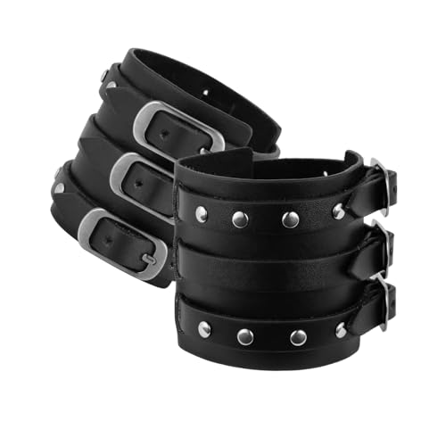 Eigso Punk Leather Cuff Bracelets for Men Women Retro Gothic Vintage Rock Wristband Pair for Man Woman - Black with Studs 2