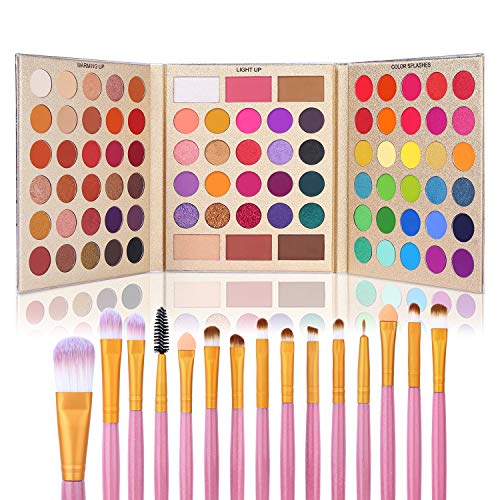 UCANBE Professional 86 Colors Eyeshadow Palette with 15pcs Makeup Brushes Set Matte Glitter Long Lasting Highly Pigmented Waterproof Contour Blush Powder Highlighter All in One - Colorful