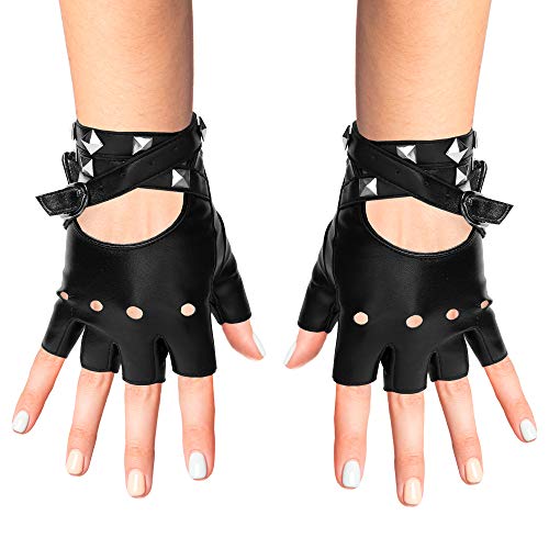 Skeleteen Fingerless Faux Leather Gloves - Black Biker Punk Gloves with Belt Up Closure and Rivet Design for Women and Kids