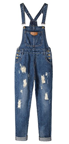AvaCostume Women's Adjustable Strap Ripped Denim Overalls - Medium - Dark Blue