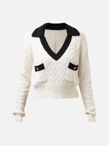Cable Knit Polo Sweater Jumper - White / M