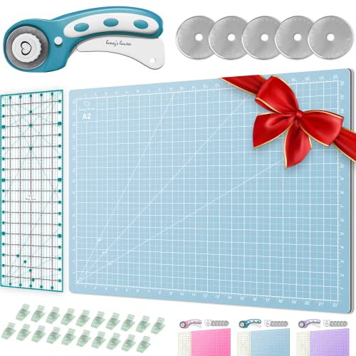 Rotary Cutter Set turquoise - Quilting Kit incl. 45mm Rotary Cutter, 5 Replacement Blades, A2 Cutting Mat, Acrylic Ruler and Craft Clips - Ideal for Crafting, Sewing, Patchworking, Crochet & Knitting - Turquoise - Cutting Mat Set (24" x 18")