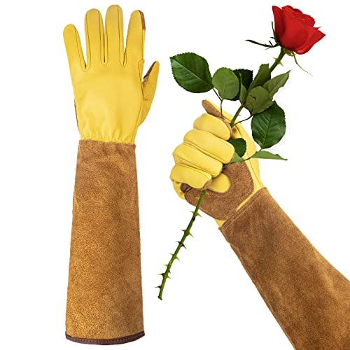Long Gardening Gloves for Women Thorn Proof,Rose Pruning Cowhide Leather Garden Glove for Cactus, Rose and Blackberry - Brown-medium