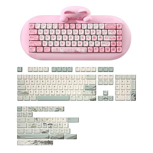 YUNZII C68 65% Wireless Mechanical Gaming Keyboard (Milk Switch, Pink), Spring Tea Dye Sub PBT Keycaps(Cherry Profile, Spring Tea)