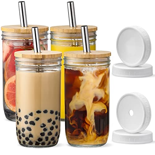 NETANY [ 4 Pack ] Glass Cups Set - 24oz Mason Jar Drinking Glasses w Bamboo Lids & Straws & 2 Airtight Lids - Cute Reusable Bottle, Iced Coffee Glasses, Travel Tumbler for Bubble Tea, smoothie, Juice - 4