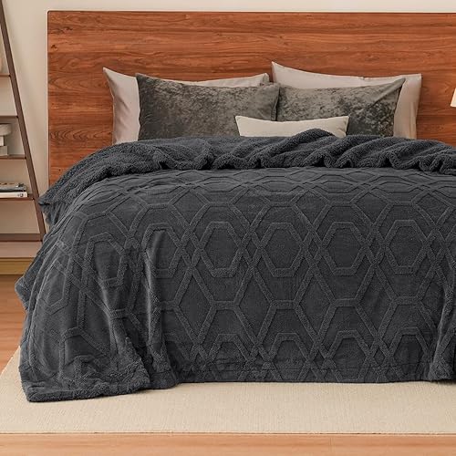 PHF Tufted Sherpa Fleece Blanket Queen Size, 510GSM Warm 3D Jacquard Sherpa Blanket, Reversible and Thick Blanket for Winter, Fuzzy Soft Cozy Shaggy Fleece Blanket for Sofa Bed, Dark Grey, 90"x90" - Dark Grey - Queen(90"x90")