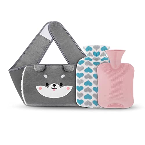 Yungden Hot Water Bottle, 47 Inch/120CM Extended Cute Waist Belt Hot Water Bag with Soft Cover, Detachable Body Warmer for Neck Feet, Hands, Shoulder, Back and Legs, Hot bag for Pain Relief - Pink + Little Dog