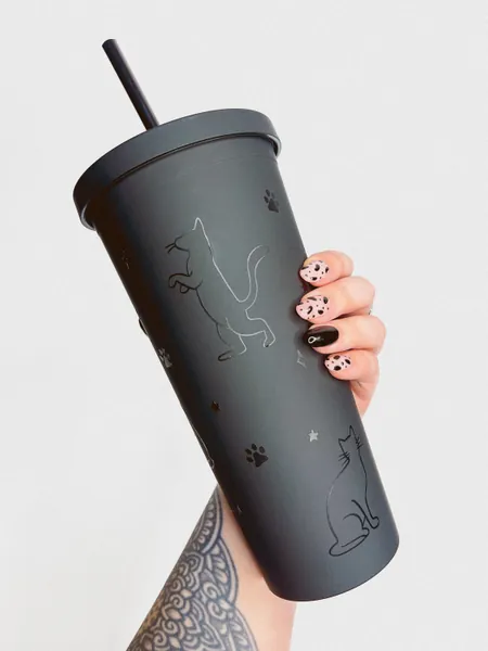 Cat Shape Stars and Paws Matte Double Walled Tumbler Black | Travel Cup | Cold Cup | 24oz Cold Cup | Gifts for Cat Lovers