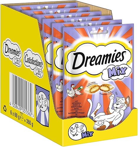 Dreamies Mix Katzensnacks mit Huhn & Ente – Außen knusprig & innen cremig – 6 x 60g - Huhn & Ente - 360 g (1er Pack)
